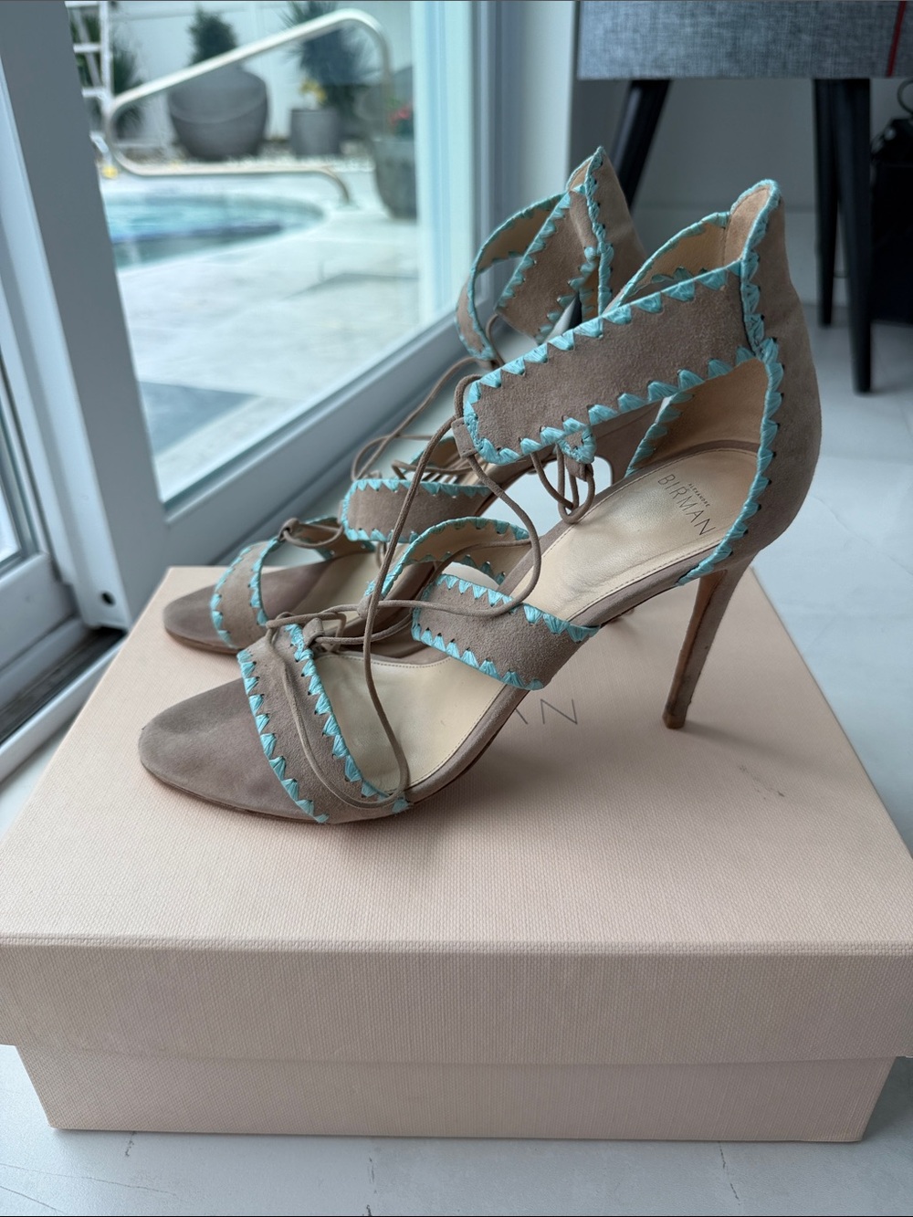 Alexandre Birman Neutral Taupe Lace-Up High Heel Sandals with Aqua Trim